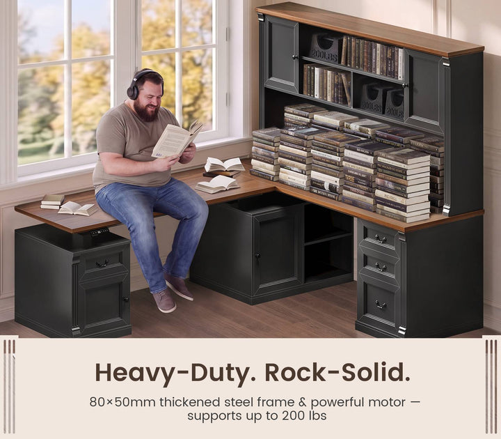 SEDETA® 71 Inch Height Adjustable Electric Standing Desk with 4 Drawers and Power Outlet L Shaped Executive Desk with Storage Cabinet Led Lights for Two Person