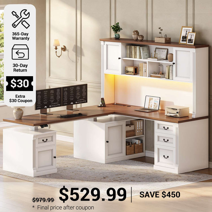 SEDETA® 71 Inch Height Adjustable Electric Standing Desk with 4 Drawers and Power Outlet L Shaped Executive Desk with Storage Cabinet Led Lights for Two Person