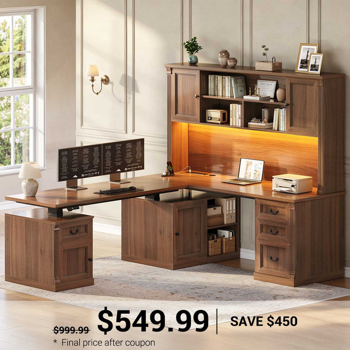 SEDETA 71 Inch Farmhouse L Shaped Electric Standing Desk with Hutch 4 Drawers and Storage Cabinet Height Adjustable Office Executive Desk with Power Outlet Led Lights for Two Person