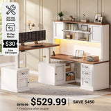 SEDETA® 71 Inch Height Adjustable Electric Standing Desk with 4 Drawers and Power Outlet L Shaped Executive Desk with Storage Cabinet Led Lights for Two Person