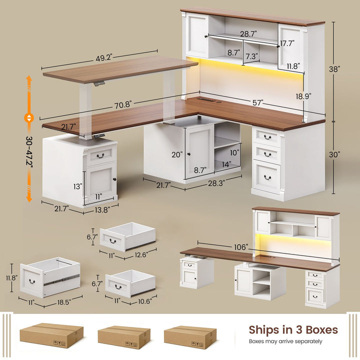 SEDETA® 71 Inch Height Adjustable Electric Standing Desk with 4 Drawers and Power Outlet L Shaped Executive Desk with Storage Cabinet Led Lights for Two Person
