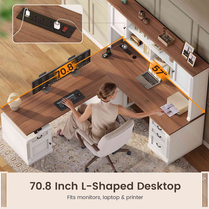SEDETA® 71 Inch Height Adjustable Electric Standing Desk with 4 Drawers and Power Outlet L Shaped Executive Desk with Storage Cabinet Led Lights for Two Person