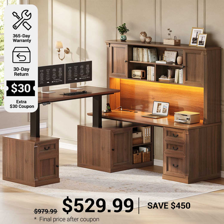 SEDETA® 71 Inch Height Adjustable Electric Standing Desk with 4 Drawers and Power Outlet L Shaped Executive Desk with Storage Cabinet Led Lights for Two Person