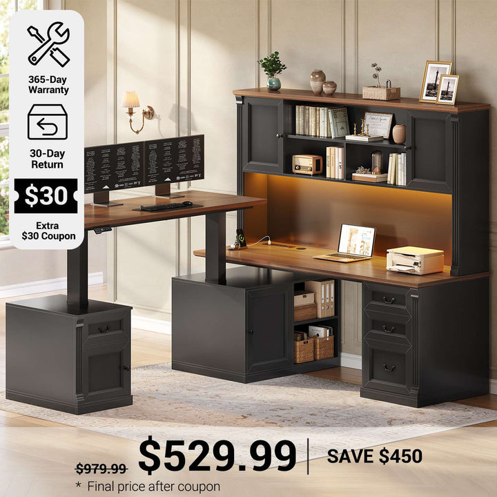 SEDETA® 71 Inch Height Adjustable Electric Standing Desk with 4 Drawers and Power Outlet L Shaped Executive Desk with Storage Cabinet Led Lights for Two Person