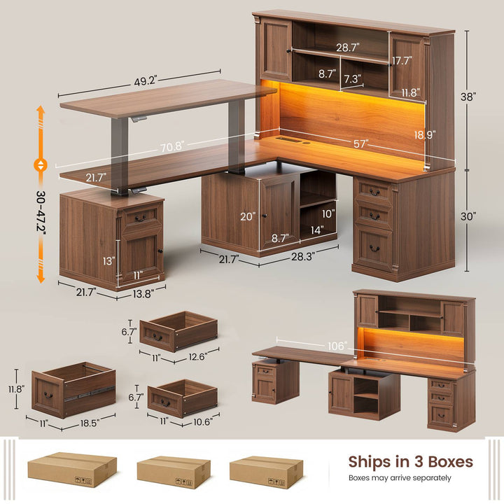 SEDETA® 71 Inch Height Adjustable Electric Standing Desk with 4 Drawers and Power Outlet L Shaped Executive Desk with Storage Cabinet Led Lights for Two Person