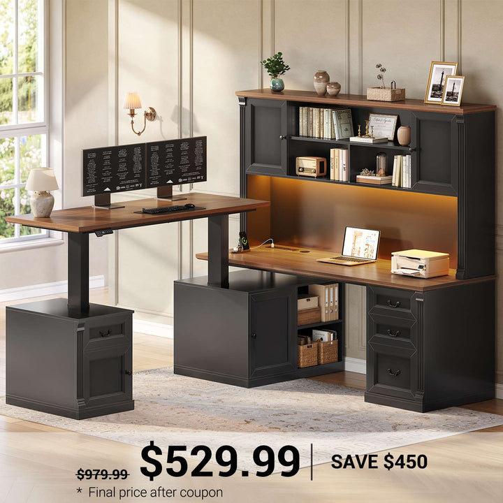 SEDETA® 71 Inch Height Adjustable Electric Standing Desk with 4 Drawers and Power Outlet L Shaped Executive Desk with Storage Cabinet Led Lights for Two Person