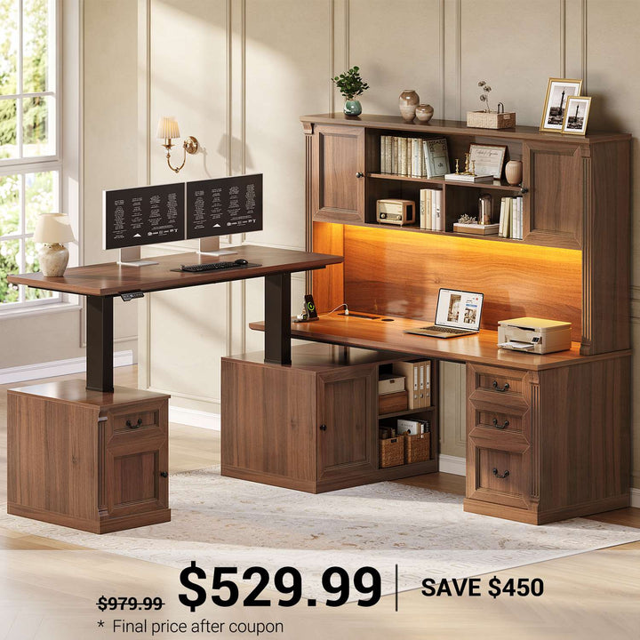 SEDETA® 71 Inch Height Adjustable Electric Standing Desk with 4 Drawers and Power Outlet L Shaped Executive Desk with Storage Cabinet Led Lights for Two Person