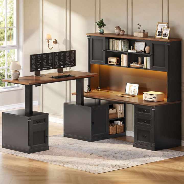 SEDETA® 71 Inch Height Adjustable Electric Standing Desk with 4 Drawers and Power Outlet L Shaped Executive Desk with Storage Cabinet Led Lights for Two Person