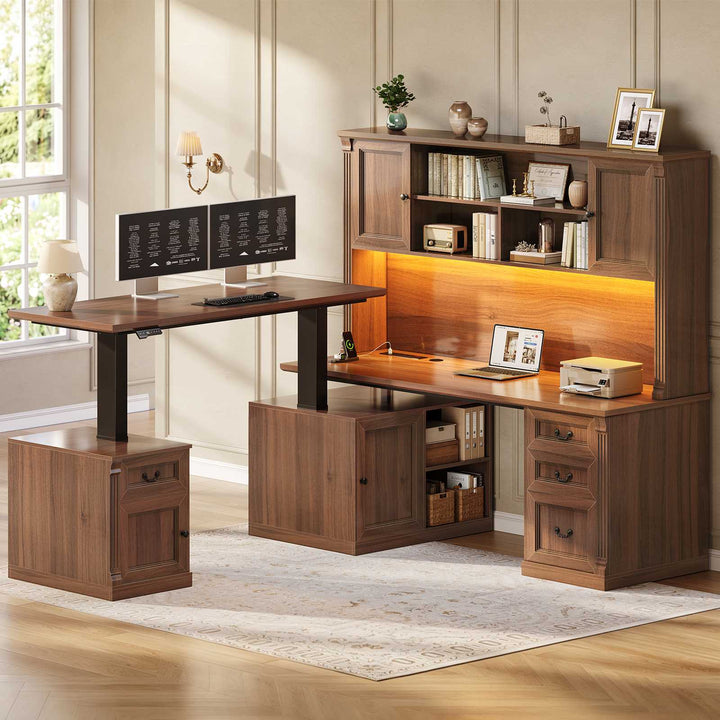 SEDETA® 71 Inch Height Adjustable Electric Standing Desk with 4 Drawers and Power Outlet L Shaped Executive Desk with Storage Cabinet Led Lights for Two Person