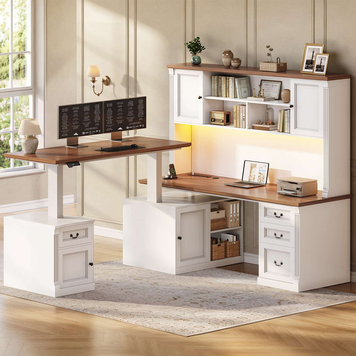 SEDETA® 71 Inch Height Adjustable Electric Standing Desk with 4 Drawers and Power Outlet L Shaped Executive Desk with Storage Cabinet Led Lights for Two Person