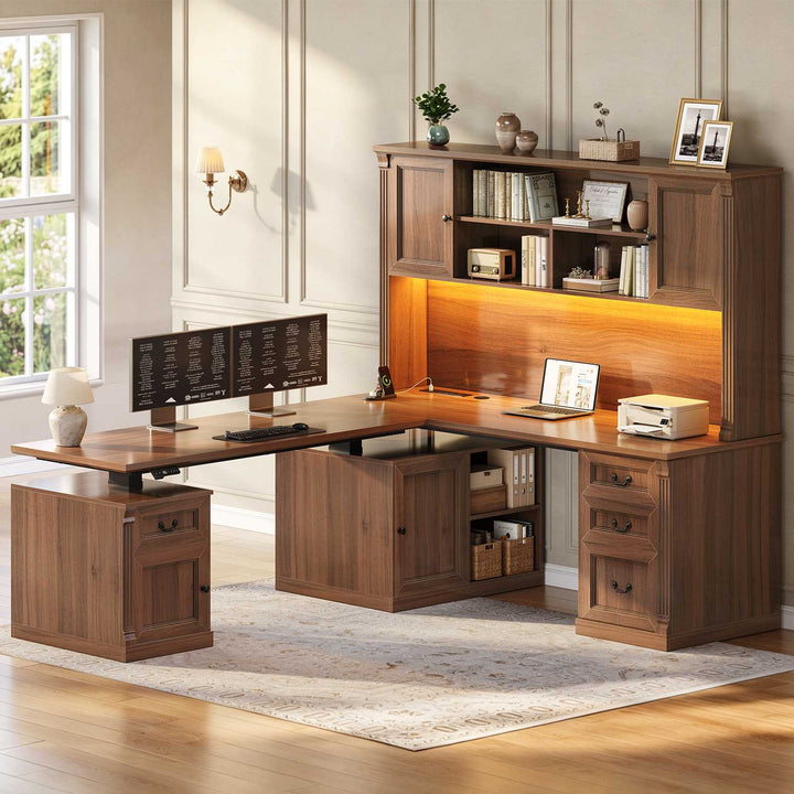 SEDETA® 71 Inch Height Adjustable Electric Standing Desk with 4 Drawers and Power Outlet L Shaped Executive Desk with Storage Cabinet Led Lights for Two Person
