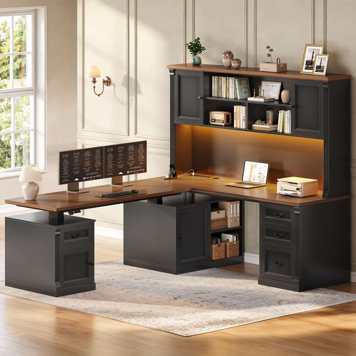 SEDETA® 71 Inch Height Adjustable Electric Standing Desk with 4 Drawers and Power Outlet L Shaped Executive Desk with Storage Cabinet Led Lights for Two Person