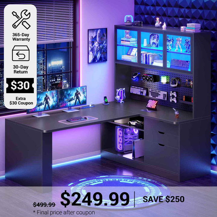 SEDETA® 67 Inch Corner Computer Desk L Shaped Gaming Desk with LED Light 3 Wood Drawer Large Bookshelf Display Cabinet Pegboard
