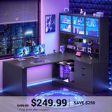 SEDETA | 67 Inch L Shaped Computer Desk Corner Gaming Desk with LED Lights, 3 Wood Drawers Display Cabinet, Bookshelf & Pegboard