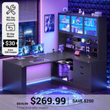 SEDETA 67 Inch L Shaped Computer Desk Corner Gaming Desk with LED Light 3 Wood Drawer Large Bookshelf Display Cabinet Pegboard