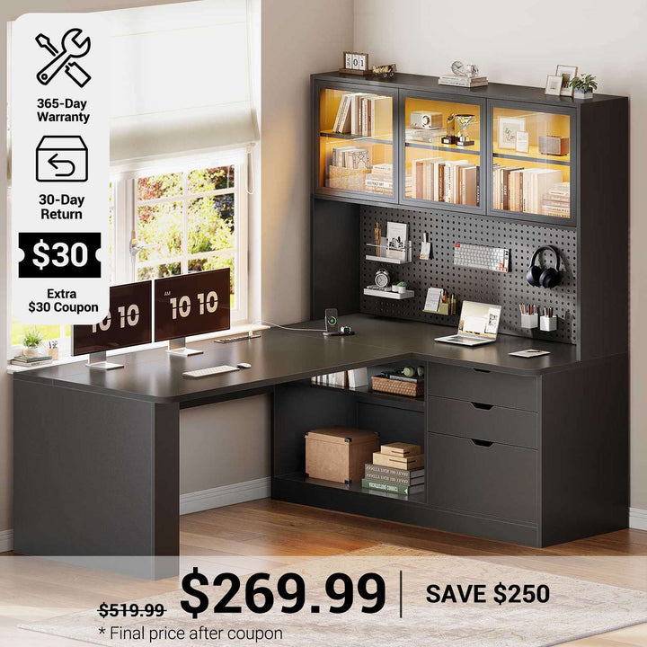 SEDETA 67 Inch L Shaped Computer Desk Corner Gaming Desk with LED Light 3 Wood Drawer Large Bookshelf Display Cabinet Pegboard