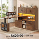 SEDETA | 55.1 Inch Adjustable Height Standing Desk with 3 Drawers Power Outlet L Shaped Electric Standing Desk with Hutch Storage Shelves Home Office Computer Desk with LED Lights Pegboard