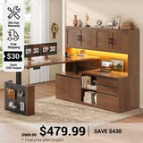 SEDETA 55.1 Inch L Shaped Electric Standing Desk with Hutch Adjustable Height Desk with Drawers Storage Shelves Home Office Computer Desk with Power Outlet LED Lights Pegboard