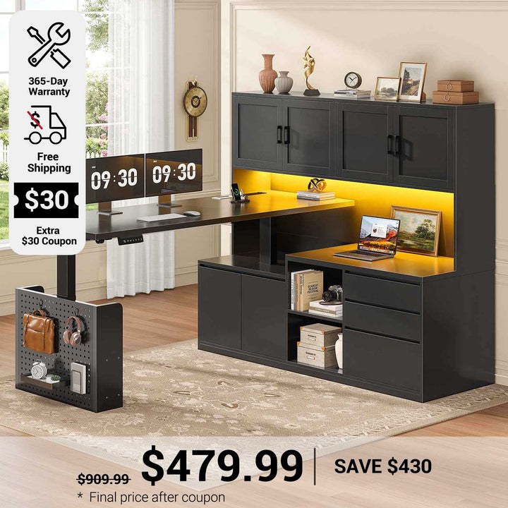 SEDETA 55.1 Inch L Shaped Electric Standing Desk with Hutch Adjustable Height Desk with Drawers Storage Shelves Home Office Computer Desk with Power Outlet LED Lights Pegboard