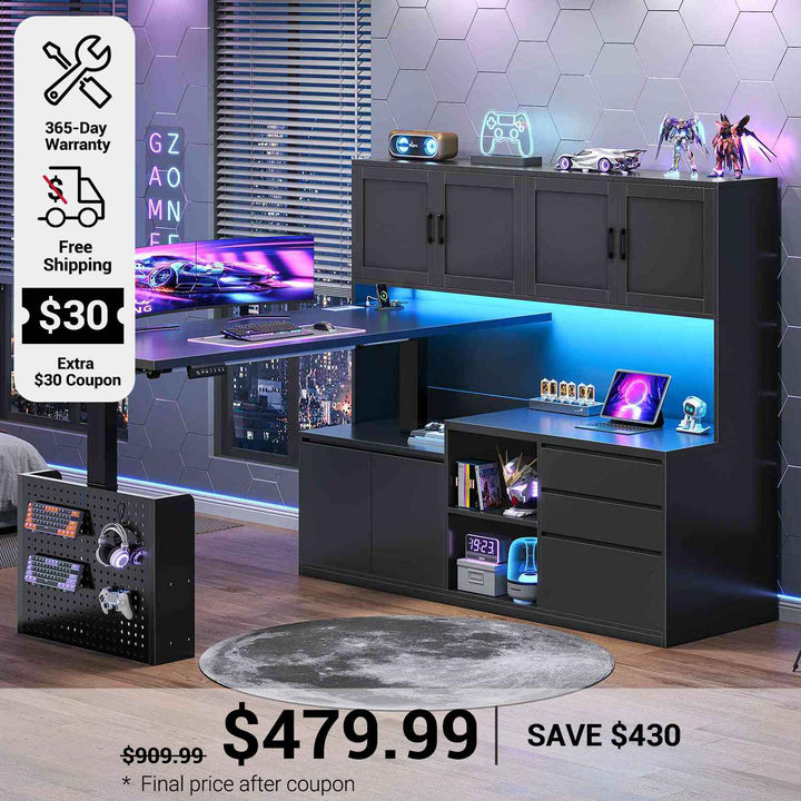 SEDETA 55.1 Inch L Shaped Electric Standing Desk with Hutch Adjustable Height Desk with Drawers Storage Shelves Home Office Computer Desk with Power Outlet LED Lights Pegboard
