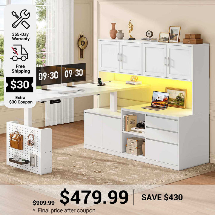 SEDETA 55.1 Inch L Shaped Electric Standing Desk with Hutch Adjustable Height Desk with Drawers Storage Shelves Home Office Computer Desk with Power Outlet LED Lights Pegboard