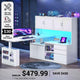 SEDETA 55.1 Inch L Shaped Electric Standing Desk with Hutch Adjustable Height Desk with Drawers Storage Shelves Home Office Computer Desk with Power Outlet LED Lights Pegboard