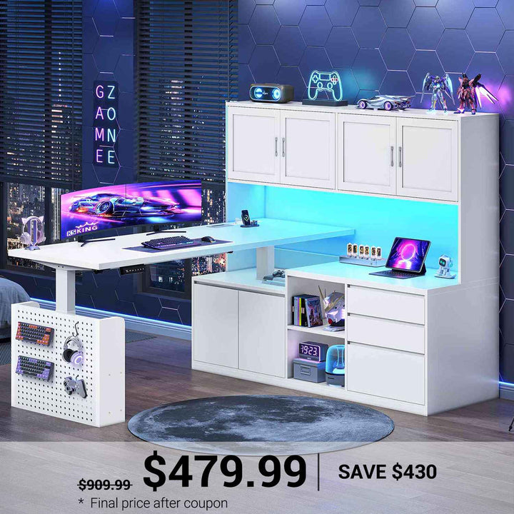 SEDETA 55.1 Inch L Shaped Electric Standing Desk with Hutch Adjustable Height Desk with Drawers Storage Shelves Home Office Computer Desk with Power Outlet LED Lights Pegboard