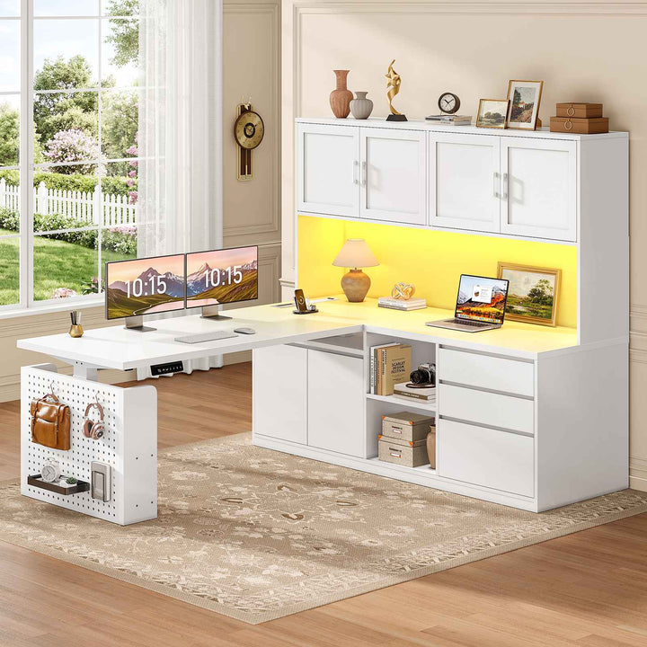 SEDETA 55.1 Inch L Shaped Electric Standing Desk with Hutch Adjustable Height Desk with Drawers Storage Shelves Home Office Computer Desk with Power Outlet LED Lights Pegboard