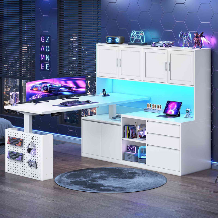 SEDETA 55.1 Inch L Shaped Electric Standing Desk with Hutch Adjustable Height Desk with Drawers Storage Shelves Home Office Computer Desk with Power Outlet LED Lights Pegboard