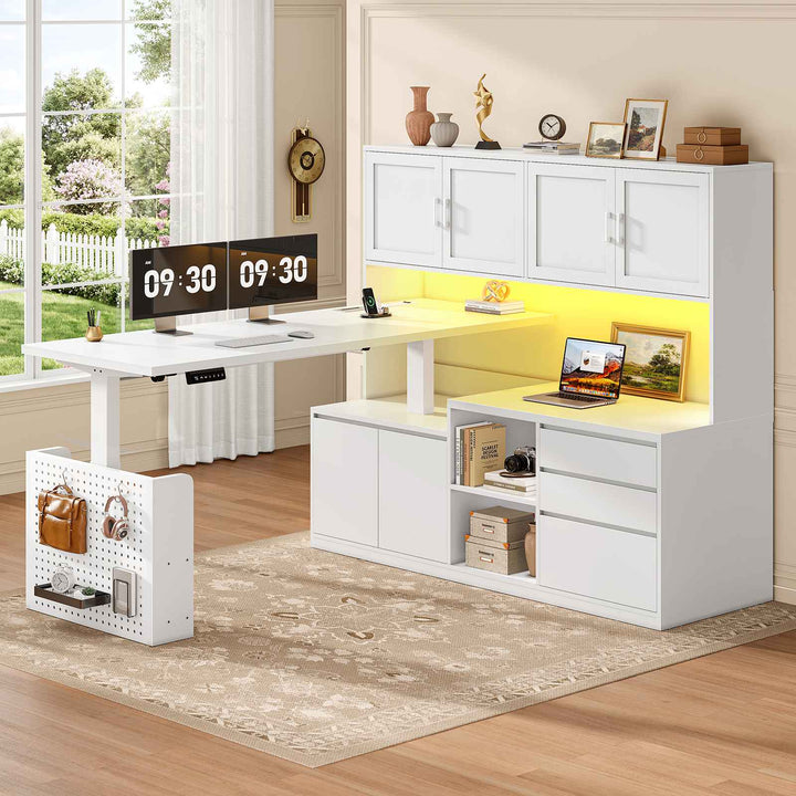 SEDETA 55.1 Inch L Shaped Electric Standing Desk with Hutch Adjustable Height Desk with Drawers Storage Shelves Home Office Computer Desk with Power Outlet LED Lights Pegboard