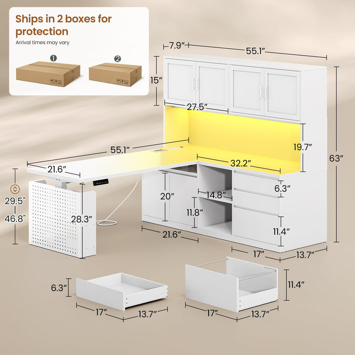 SEDETA 55.1 Inch L Shaped Electric Standing Desk with Hutch Adjustable Height Desk with Drawers Storage Shelves Home Office Computer Desk with Power Outlet LED Lights Pegboard