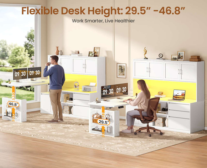 SEDETA 55.1 Inch L Shaped Electric Standing Desk with Hutch Adjustable Height Desk with Drawers Storage Shelves Home Office Computer Desk with Power Outlet LED Lights Pegboard