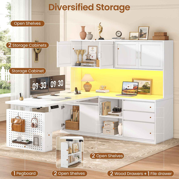 SEDETA 55.1 Inch L Shaped Electric Standing Desk with Hutch Adjustable Height Desk with Drawers Storage Shelves Home Office Computer Desk with Power Outlet LED Lights Pegboard