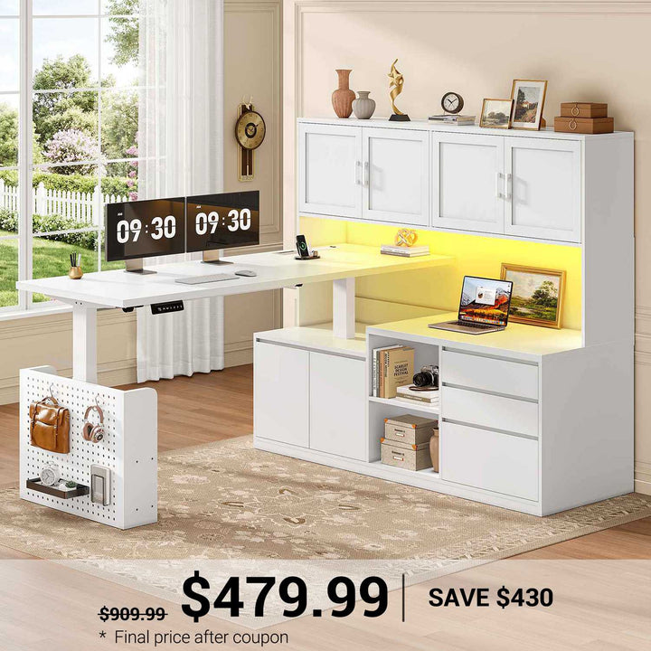 SEDETA 55.1 Inch L Shaped Electric Standing Desk with Hutch Adjustable Height Desk with Drawers Storage Shelves Home Office Computer Desk with Power Outlet LED Lights Pegboard