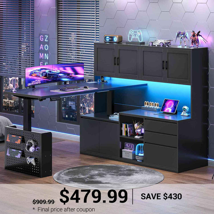 SEDETA 55.1 Inch L Shaped Electric Standing Desk with Hutch Adjustable Height Desk with Drawers Storage Shelves Home Office Computer Desk with Power Outlet LED Lights Pegboard