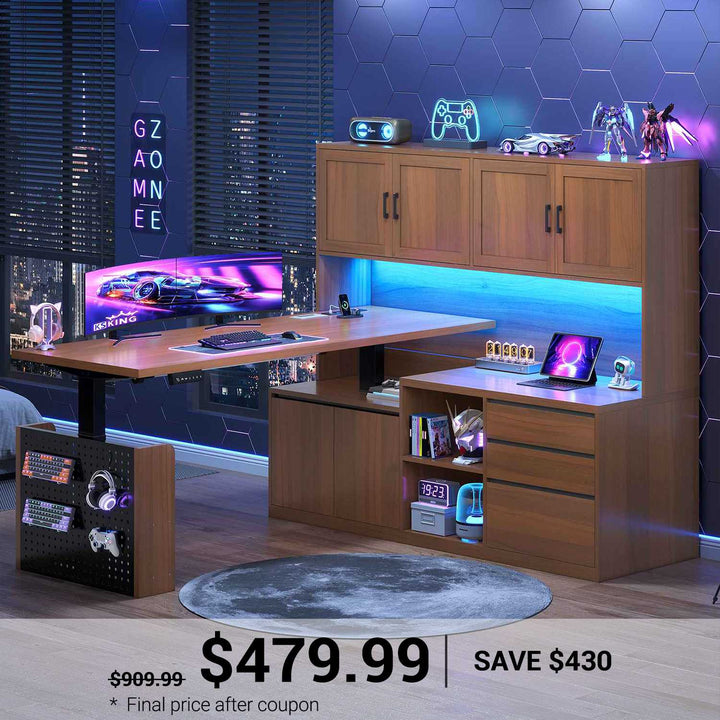 SEDETA 55.1 Inch L Shaped Electric Standing Desk with Hutch Adjustable Height Desk with Drawers Storage Shelves Home Office Computer Desk with Power Outlet LED Lights Pegboard