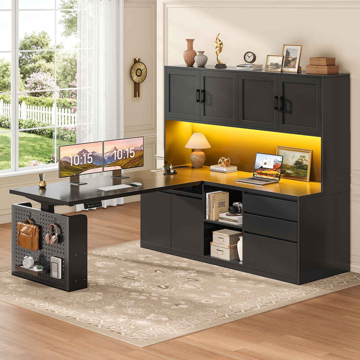 SEDETA 55.1 Inch L Shaped Electric Standing Desk with Hutch Adjustable Height Desk with Drawers Storage Shelves Home Office Computer Desk with Power Outlet LED Lights Pegboard
