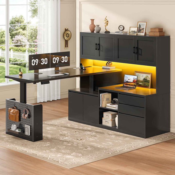 SEDETA 55.1 Inch L Shaped Electric Standing Desk with Hutch Adjustable Height Desk with Drawers Storage Shelves Home Office Computer Desk with Power Outlet LED Lights Pegboard