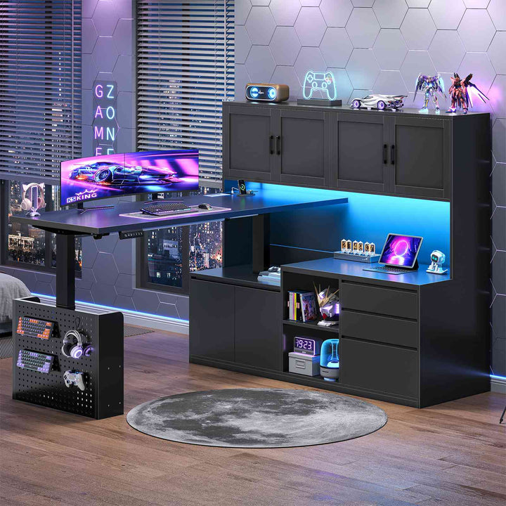 SEDETA 55.1 Inch L Shaped Electric Standing Desk with Hutch Adjustable Height Desk with Drawers Storage Shelves Home Office Computer Desk with Power Outlet LED Lights Pegboard