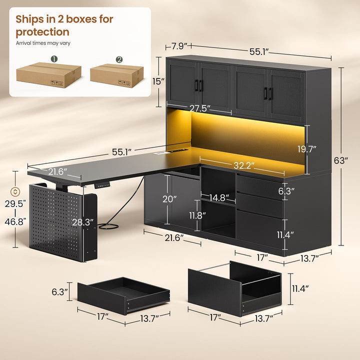 SEDETA 55.1 Inch L Shaped Electric Standing Desk with Hutch Adjustable Height Desk with Drawers Storage Shelves Home Office Computer Desk with Power Outlet LED Lights Pegboard
