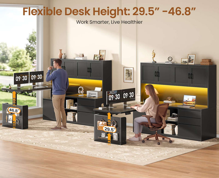 SEDETA 55.1 Inch L Shaped Electric Standing Desk with Hutch Adjustable Height Desk with Drawers Storage Shelves Home Office Computer Desk with Power Outlet LED Lights Pegboard
