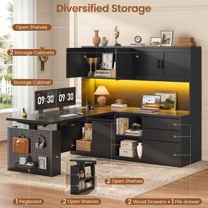 SEDETA 55.1 Inch L Shaped Electric Standing Desk with Hutch Adjustable Height Desk with Drawers Storage Shelves Home Office Computer Desk with Power Outlet LED Lights Pegboard