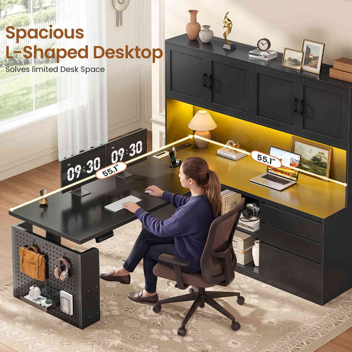 SEDETA 55.1 Inch L Shaped Electric Standing Desk with Hutch Adjustable Height Desk with Drawers Storage Shelves Home Office Computer Desk with Power Outlet LED Lights Pegboard