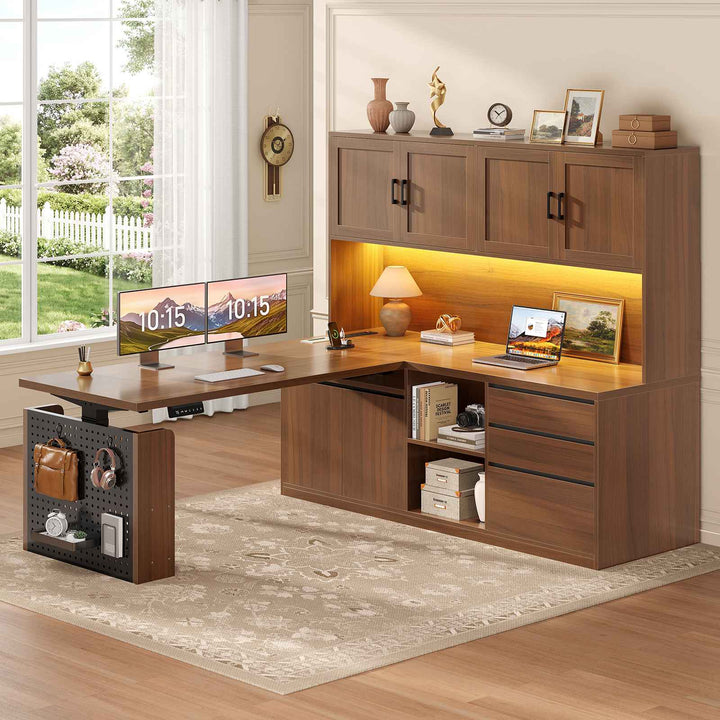 SEDETA 55.1 Inch L Shaped Electric Standing Desk with Hutch Adjustable Height Desk with Drawers Storage Shelves Home Office Computer Desk with Power Outlet LED Lights Pegboard