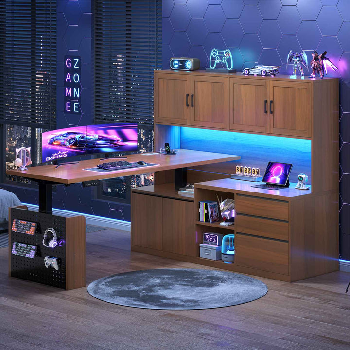 SEDETA 55.1 Inch L Shaped Electric Standing Desk with Hutch Adjustable Height Desk with Drawers Storage Shelves Home Office Computer Desk with Power Outlet LED Lights Pegboard