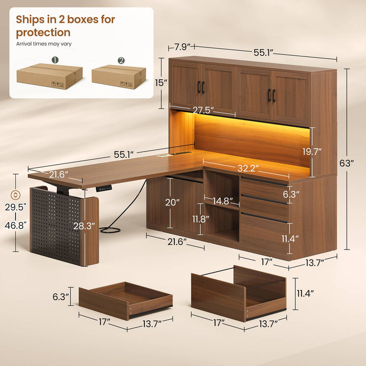 SEDETA 55.1 Inch L Shaped Electric Standing Desk with Hutch Adjustable Height Desk with Drawers Storage Shelves Home Office Computer Desk with Power Outlet LED Lights Pegboard