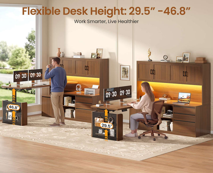 SEDETA 55.1 Inch L Shaped Electric Standing Desk with Hutch Adjustable Height Desk with Drawers Storage Shelves Home Office Computer Desk with Power Outlet LED Lights Pegboard