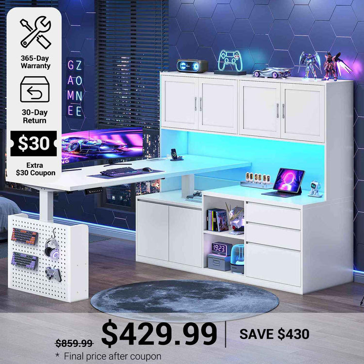 SEDETA® 55.1 Inch L Shaped Adjustable Height Standing Desk with 3 Drawers LED Lights Electric Standing Desk with Hutch Storage Shelves Home Office Computer Desk with Power Outlet Pegboard