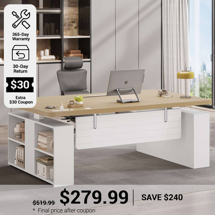 SEDETA 63 Inch Executive Standing Desk Electric Height Adjustable Computer Office Desk with Storage Shelves Power Outlets Privacy Panel