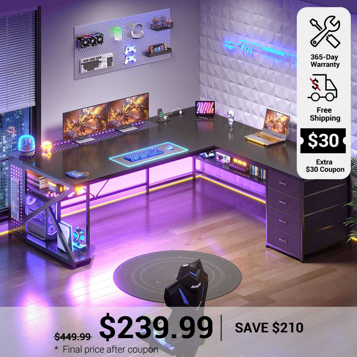 SEDETA 67 Inch L Shaped Gaming Desk with 4 Drawers Shelf Storage Corner Office Desk with LED Lights CPU Stand for Home Office Executive Computer Desk for Work Writing Study
